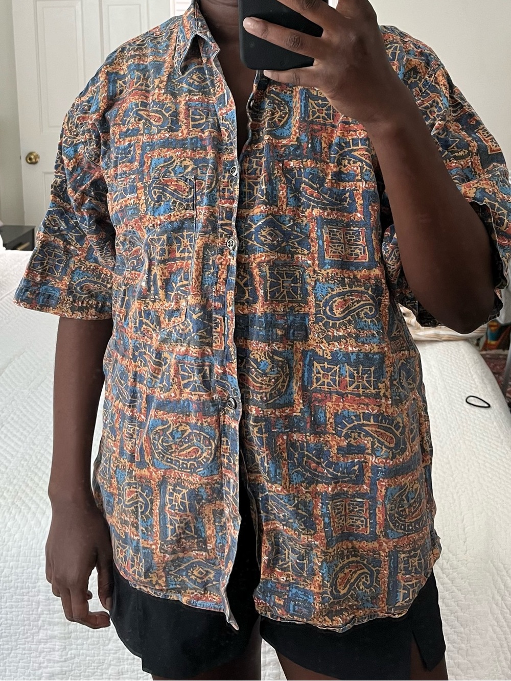 Vintage-Inspired Short Sleeve Button Shirt in Blue & Rust